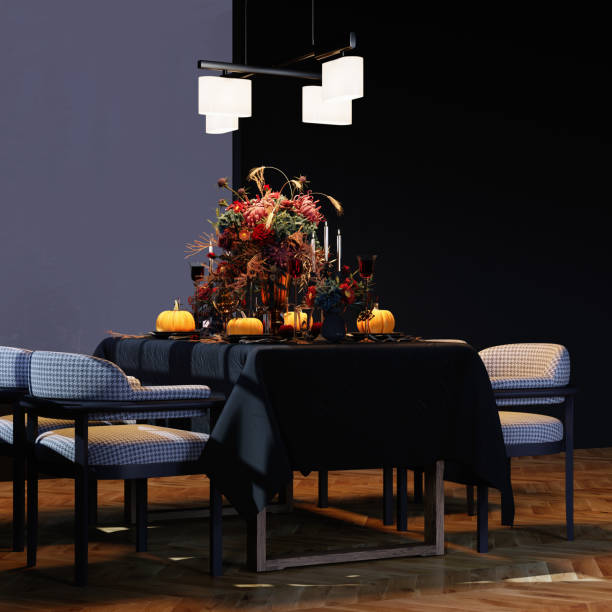 istock Modern Halloween living room interior. 3d rendering. Festive dinner decor 1408516249
