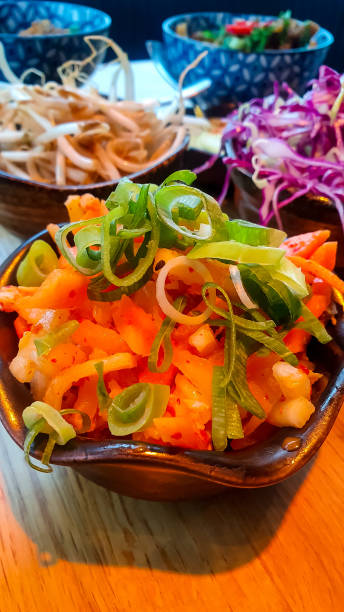 istock Colorful Korean food in blue and white patterned bowls 1408518279