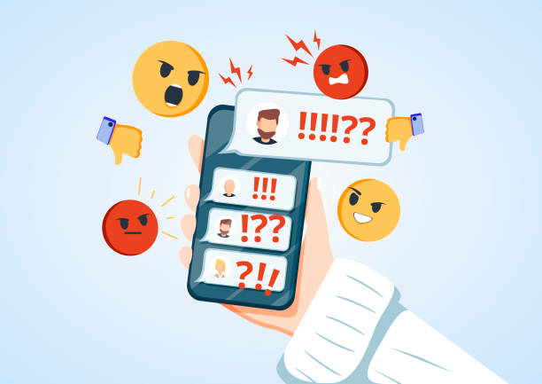 istock Hand holding phone with incoming bullying message in chat cartoon illustration. Harassment problem. Cyber bully social 1408519035