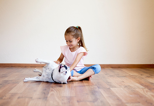 little girl having fun with her dog indoors