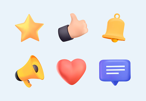 3d social media icons. Digital marketing symbols. Like button, speech bubble, notification bell, megaphone icon vector set. Heart and speach bubble. Elements for networking sites, communication