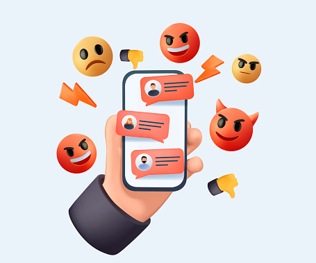 Hand holding phone with incoming bullying message in chat 3D illustration. Harassment problem. Cyber bully in social media side effect. 3D online dislike icon social media, cyber bully mockery problem