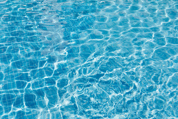 istock Clear water surface with ripple wave splashes and drops in swimming pool. Abstract turquoise or blue texture water wave and sunlight shadow reflections for background. 1408520331