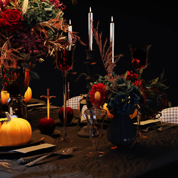 istock Halloween table decor. 3d rendering. Modern Halloween living room interior. 1408521200