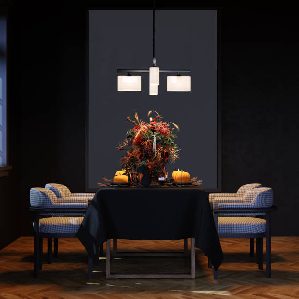 istock Modern Halloween living room interior. 3d rendering. Festive dinner decor 1408521493