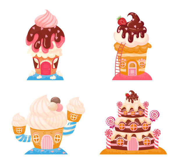 2206 S ST Candy land chocolate biscuit houses Candy land chocolate biscuit houses. Magic fantastic cake castles with cream and glaze on top decorated with lollipops. Ice cream fairy tale tasty building desserts isolated vector set candy house stock illustrations