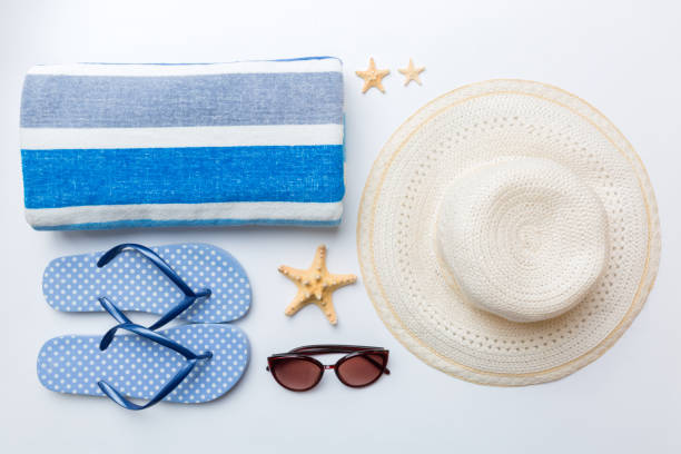 istock Summer vacation concept flat lay. beach accessories and towel top view. Space for text. travel concept 1408528468