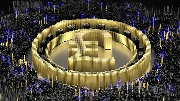 istock Lira symbol in an abstract microstructure of black and gold blocks. 3d rendering image. Futuristic concept art. 1408529100