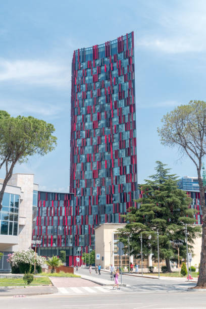 Skyscraper of Albania Stadium (Arena Kombetare). Tower of Air Albania Stadium. stock photo