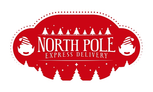 North pole express delivery - holiday post stamp design. Xmas decorative element for handmade gifts.Vector illustration on white background