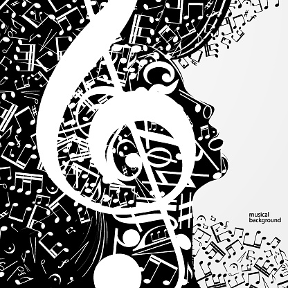 Abstract female profile composed of musical signs, notes. Musical poster with DJ, soul of music, cover for CD. Vector illustration.