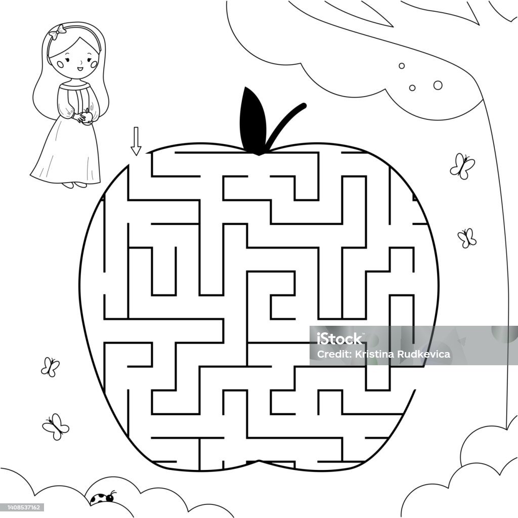 Vetores de Página De Colorir Com Jogo De Labirinto Desenho Animado Da  Branca De Neve Princesa Labirinto Em Forma De Maçã Planilha Imprimível  Educacional Ilustração Vetorial Em Preto E Branco e mais