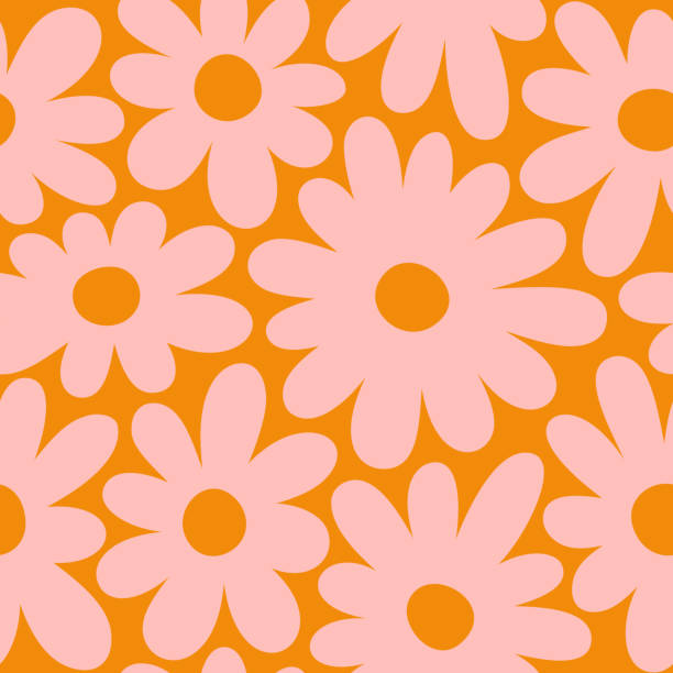 ilustraciones, imágenes clip art, dibujos animados e iconos de stock de groovy daisy flowers patrón sin costuras. fondo vectorial floral en el estilo retro hippie de la década de 1970 - patrones florales