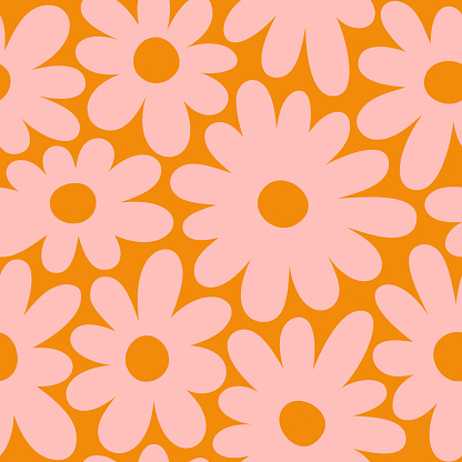 Groovy Daisy Flowers Seamless Pattern. Floral Vector Background in 1970s Hippie Retro Style for Print on Textile, Wrapping Paper, Web Design and Social Media. Orange Color.