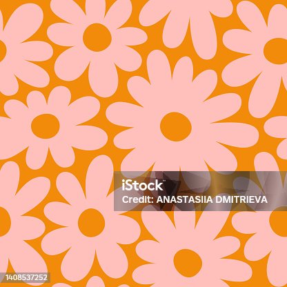 istock Groovy Daisy Flowers Seamless Pattern. Floral Vector Background in 1970s Hippie Retro Style 1408537252