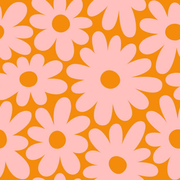 Groovy Daisy Flowers Seamless Pattern. Floral Vector Background in 1970s Hippie Retro Style Groovy Daisy Flowers Seamless Pattern. Floral Vector Background in 1970s Hippie Retro Style for Print on Textile, Wrapping Paper, Web Design and Social Media. Orange Color. hippie fashion stock illustrations