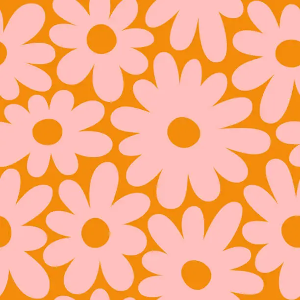 Vector illustration of Groovy Daisy Flowers Seamless Pattern. Floral Vector Background in 1970s Hippie Retro Style