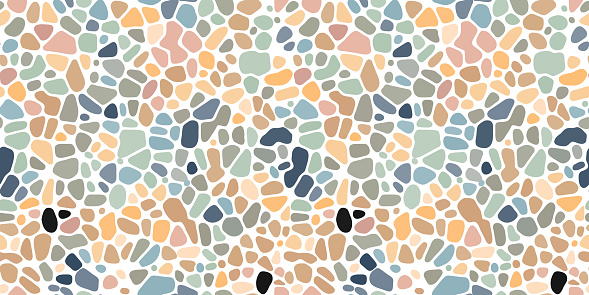 Bright seamless pebble mosaic organic pattern. Vector background. Tile decoration for floor, wall and paving. Design of kitchen, bathroom, outdoor. Repeating texture