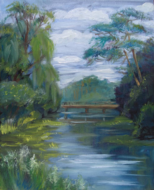 istock summer forest landscape with a lake and a bridge, oil painting. 1408537437