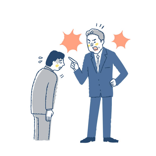 A businessman frightened by an angry boss Boss, subordinate, get angry, fail, harass, frighten, yell, office worker, power harassment abhor stock illustrations