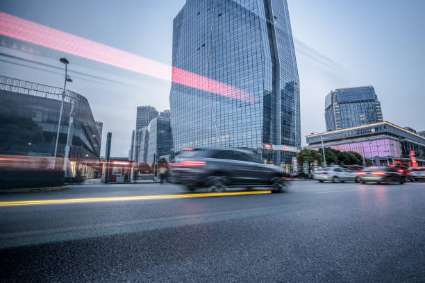istock China Shanghai modern architecture, motion blur car 1408542935