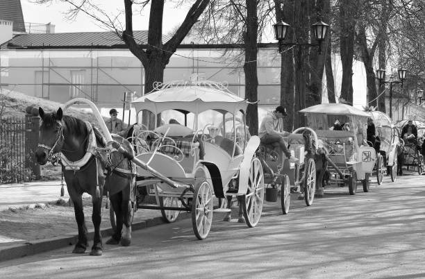 Suzdal, Vladimirovskaya oblast, Russia, 05.08.2022. Horse carts on the street. A tourist attraction with riding in carriages in the old town