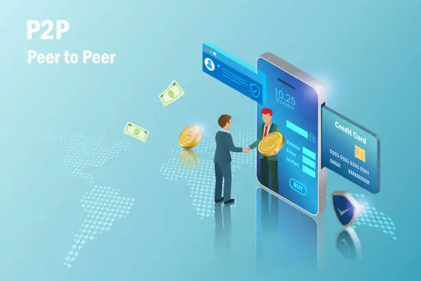 Vector illustration of P2P, peer to peer trading, fiat and spot online crypto currency trading, global financial technology concept. Businessman exchange digital money via smart phone platform application.