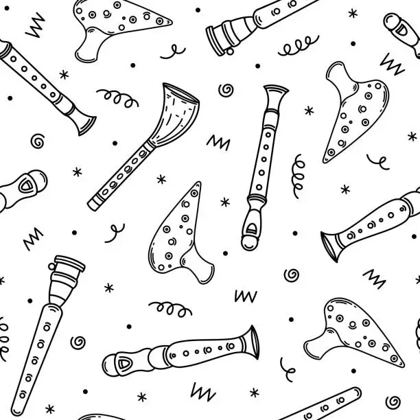 Vector illustration of Flute seamless vector pattern. Hand drawn wooden, metal, bamboo musical instruments. Block flute, pipe, fife, ocarina, duduk. Tools for classical, folk music. Black outline on white background