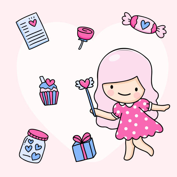 süßes mädchen und accessoires zeichnen cartoon-stil, junges paar für valentinskarte mit text - butterfly women humor fun stock-grafiken, -clipart, -cartoons und -symbole