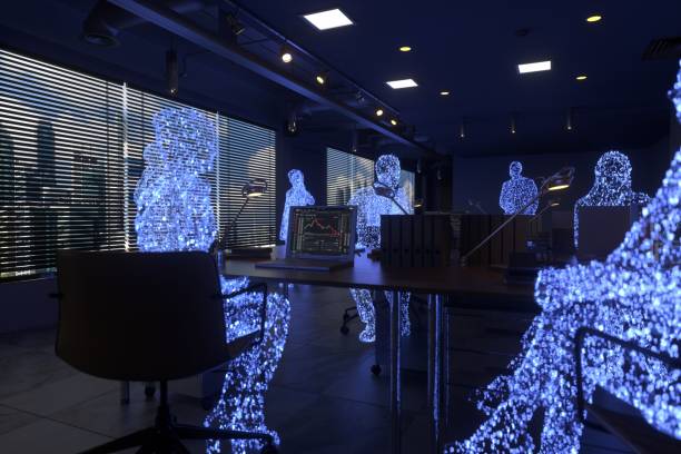 istock Teamwork in metaverse with Cyber City skyline 1408549478