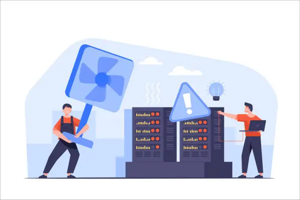 Vector illustration of System critical failure alert system message. Data center view of server room with workers