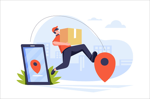Delivery, Online Shipping Services. online order tracking, delivery home and office. Courier by truck, scooter, and bicycle. Parcel send to location pins on mobile phone by delivery man