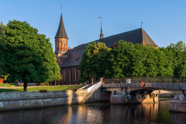 vista da catedral de koningberg na ilha immanuel kant, ao fundo da ponte do mel sobre o rio pregolya em um dia ensolarado de verão, kaliningrado, rússia - kaliningrad - fotografias e filmes do acervo