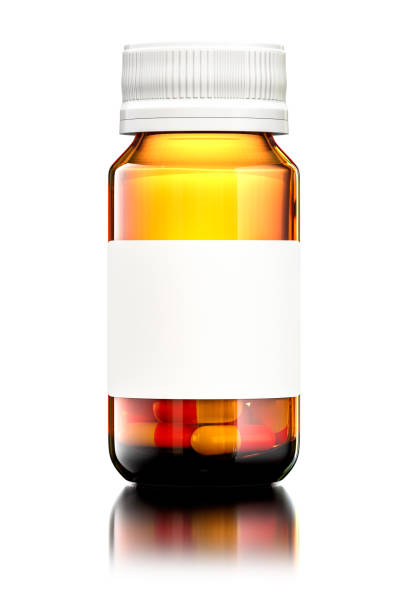 istock 3D Brown Glass Bottle with White Label and Plastic Cap. Ideal for Medicine Container for Mock Up. 1408551337