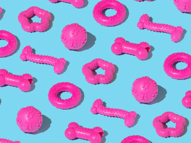 istock A pattern of various rubber toys for dogs on a blue background. Flat lay. 1408553386