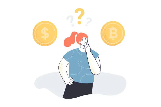 Vector illustration of Woman thinking about investing in bitcoin or dollar