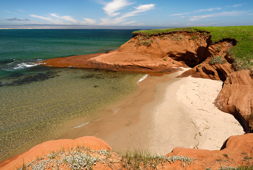 Eroded red cliff and beach of Magdalen Islands, Quebec