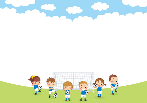 Illustration of little children enjoying soccer on a sunny day.