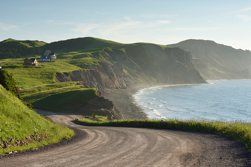 Country road and cliff on the coast of Havre-aux-Maisons, Magdalen Islands, Quebec