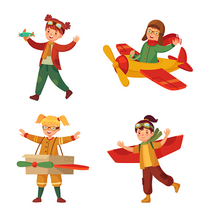 Kids in pilot costumes with toy plane made of card box dreaming of piloting. Little children with paper aircraft wings, scarf and goggles uniform. Boy and girls having adventure vector set