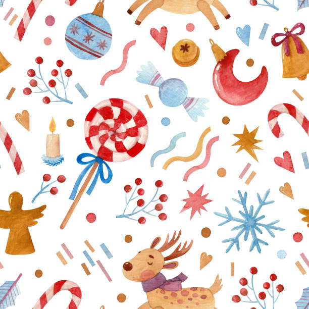 ilustrações de stock, clip art, desenhos animados e ícones de seamless watercolor pattern with christmas candies, toys and stars - gift box packaging drawing illustration and painting