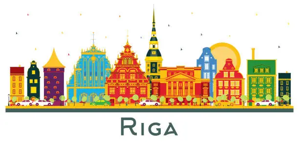 Vector illustration of Riga Latvia City Skyline with Color Buildings Isolated on White.