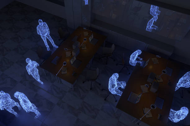 istock Teamwork in metaverse with Cyber City skyline 1408563640