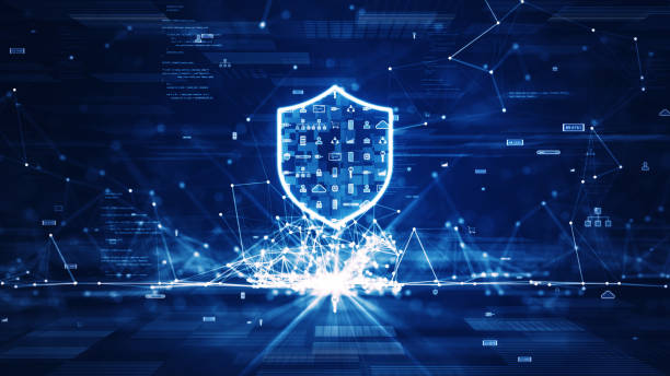 Cybersecurity data protection technology concept internet connection online network. There is a prominent shield in the middle. Binary code polygons and icons with dark blue background. stock photo