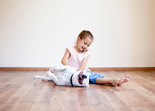 little girl having fun with her dog indoors