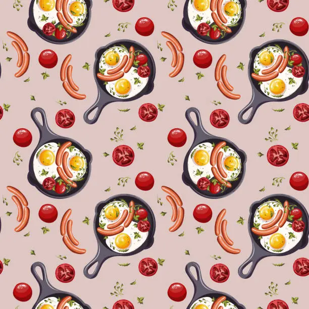 Vector illustration of Seamless pattern with Pan of scrambled eggs, sausages, tomatos.