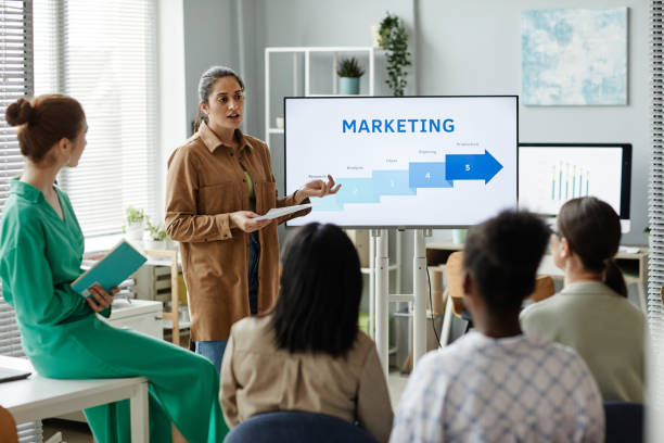 istock Woman presenting marketing strategy to colleagues 1408567729