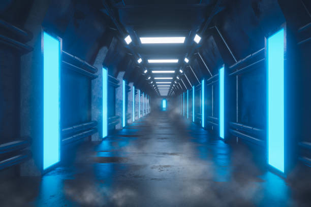 istock Spaceship interior architecture corridor,modern futuristic Sci Fi space,metal floor and light panels,white and purple neon glowing light,interior design background,cyber punk dark design,3d rendering 1408568799