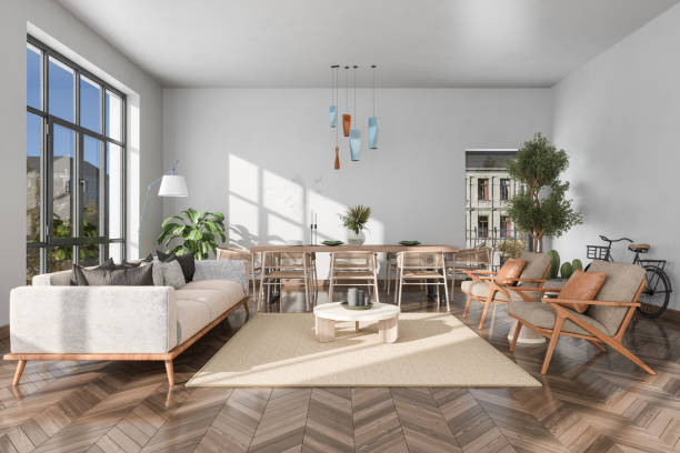 istock Modern Living Room Interior With Sofa, Armchairs, Dining Table And Plants 1408569574