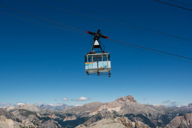 Cable car or Gondola lift ascending from Cortina d'Ampezzo to Tofana di Mezzo in the summer. stock photo